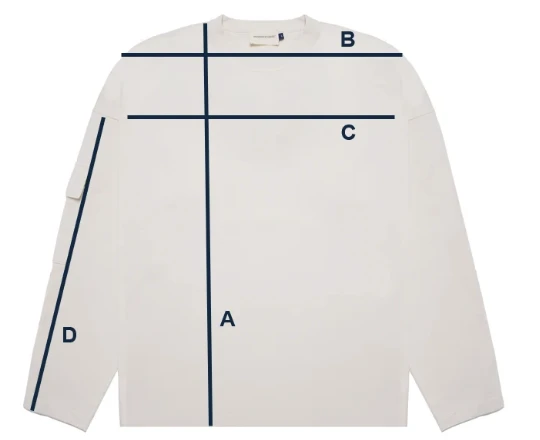 Esquema de medidas: A largo total, B ancho de hombros, C ancho de pecho, D largo de manga
